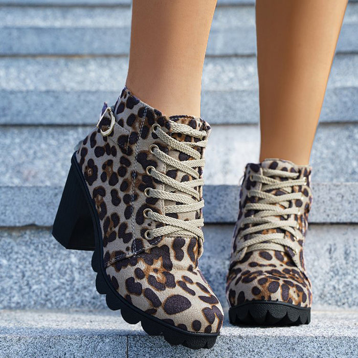 Buy Fashion Leopard Print Ankle Boots - Winter Square Heel Suede Lace-up Zip Boots 