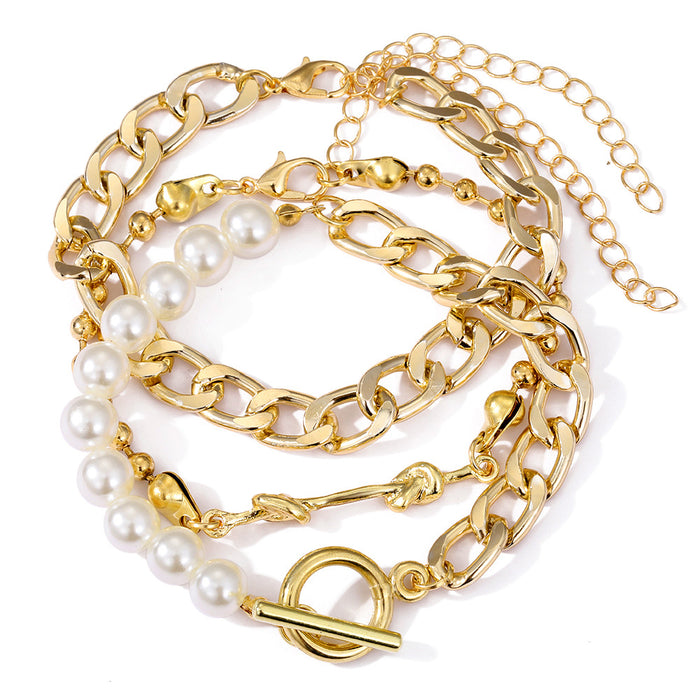 Buy Creative Heart Pearl Multi-Layer Chain OT Bracelet Suit - Retro Style | Elegantlyushop