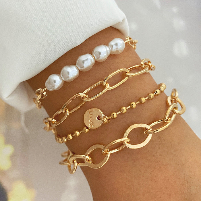 Buy Creative Heart Pearl Multi-Layer Chain OT Bracelet Suit - Retro Style | Elegantlyushop