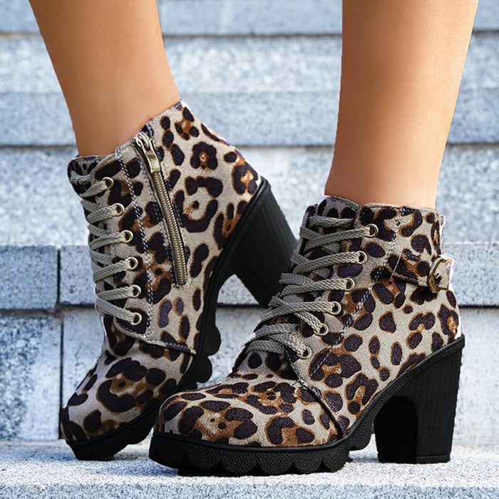 Buy Fashion Leopard Print Ankle Boots - Winter Square Heel Suede Lace-up Zip Boots 